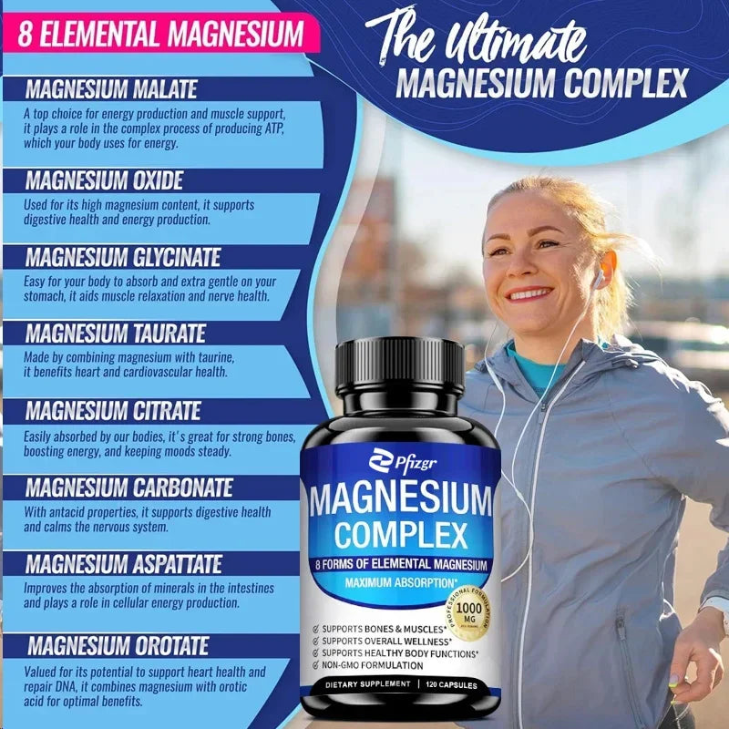 Magnesium Complex Capsules 1000MG Supplement Muscle Relaxation Relieve Stress Muscle Bone Health Dietary Supplement